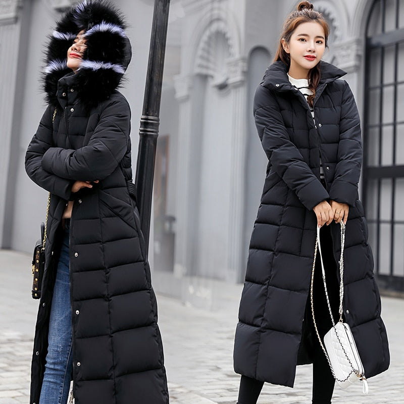 Long Winter Coat with Fluffy Collar - Down Coat