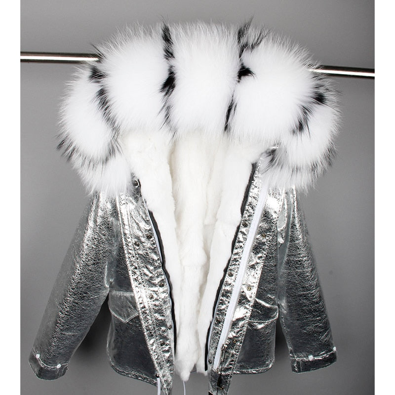 Silver Parka With Large Fur Collar And Lining