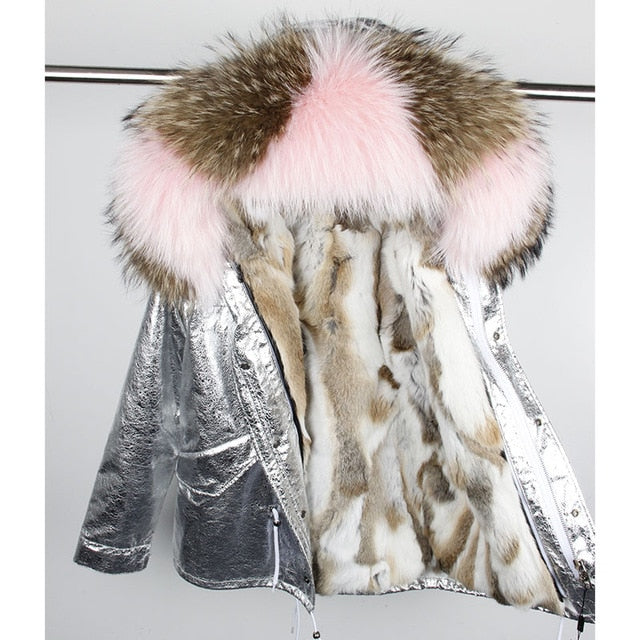 Silver Parka With Large Fur Collar And Lining